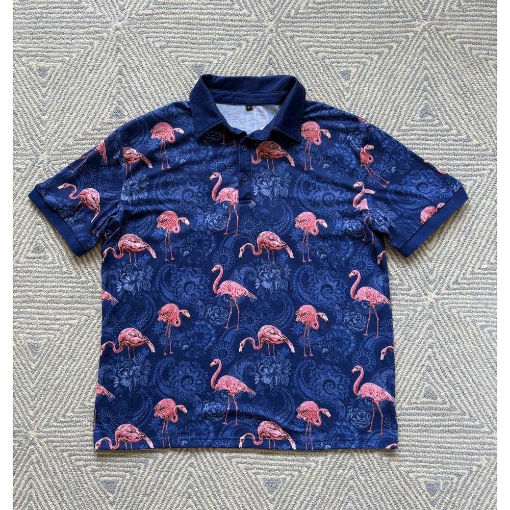 Unbranded Flamingo Polo Shirt - Blue/Pink - Large‎ - Cotton/Polyester/Spandex